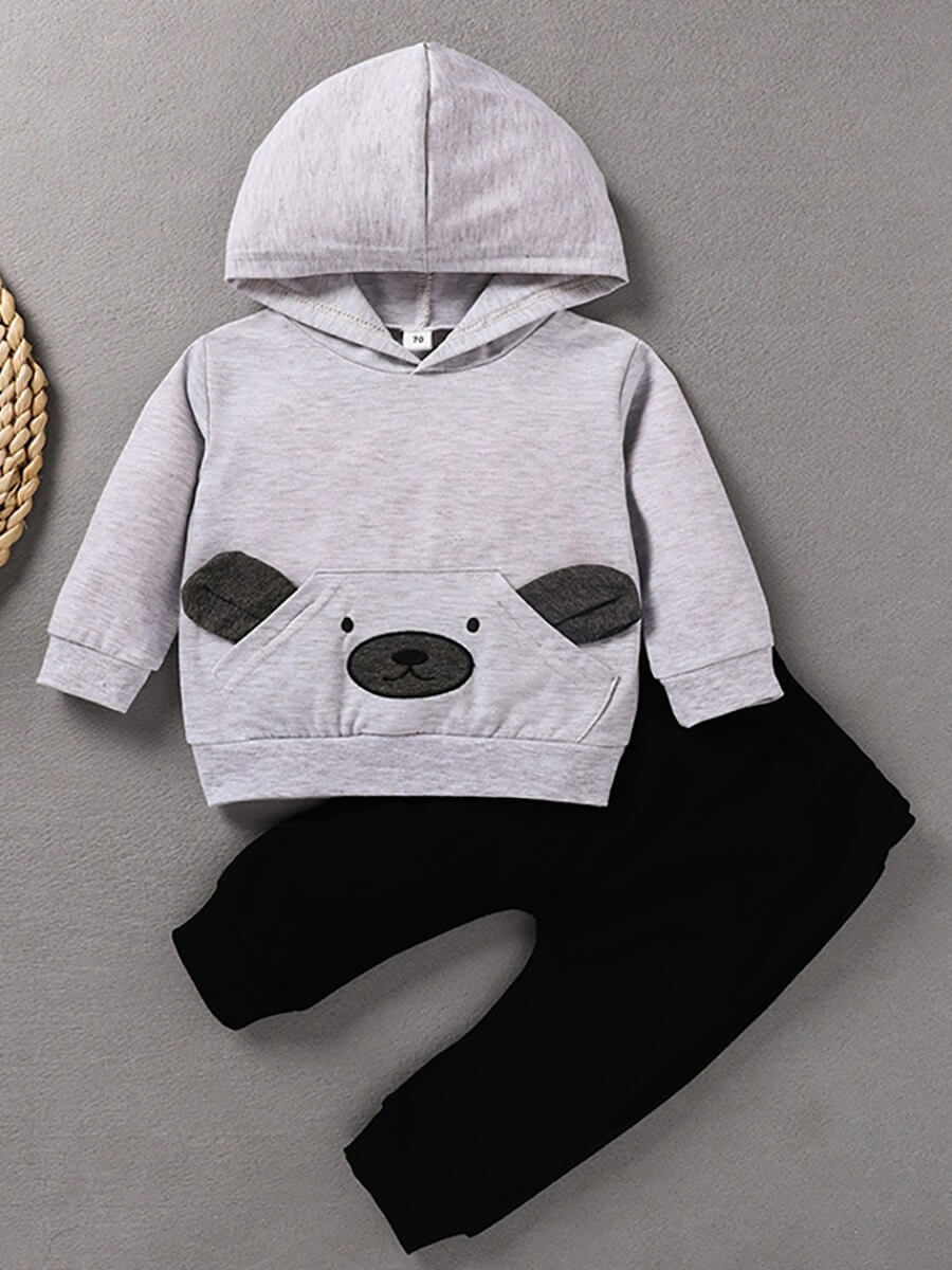 

Lovely Sweet Hooded Collar Cartoon Grey Boy Two-piece Pants Set