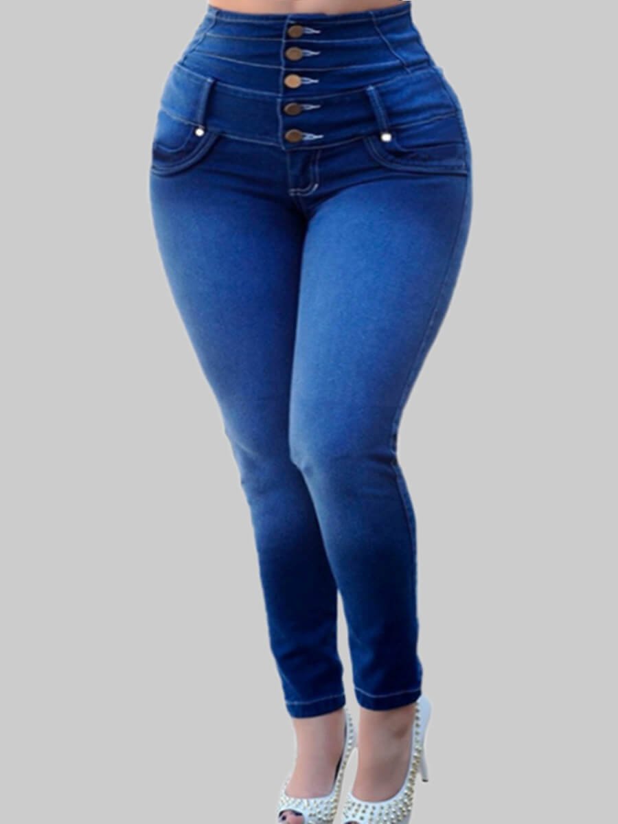 

Lovely Casual Buttons Design Deep Blue Plus Size Jeans