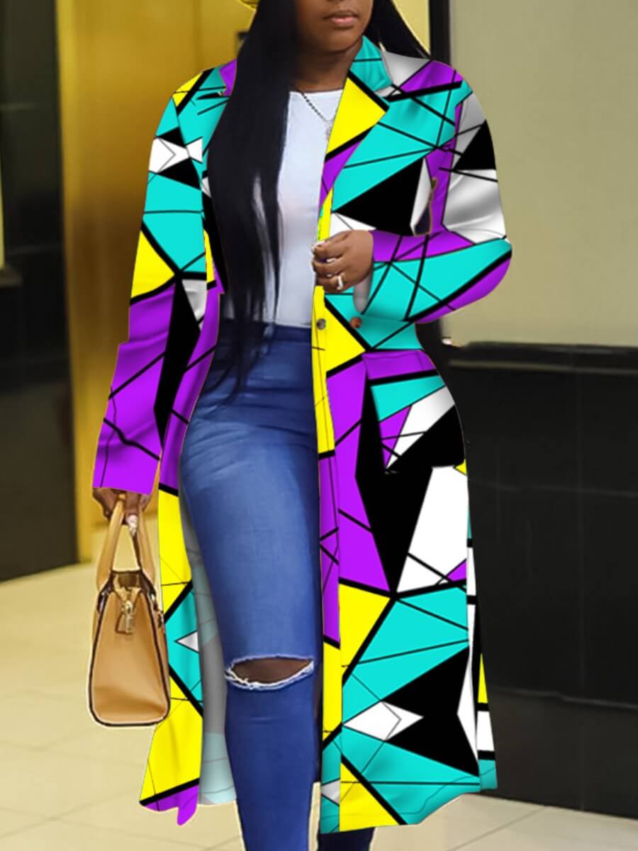 

LW Trendy Turndown Collar Print Purple Long Trench Coat