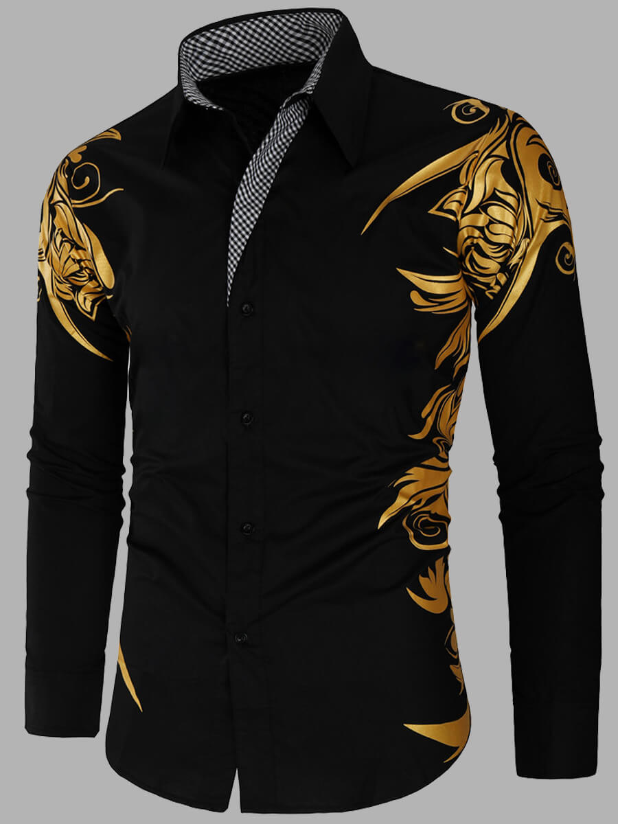 

Lovely Men Stylish Turndown Collar Print Black Shirt