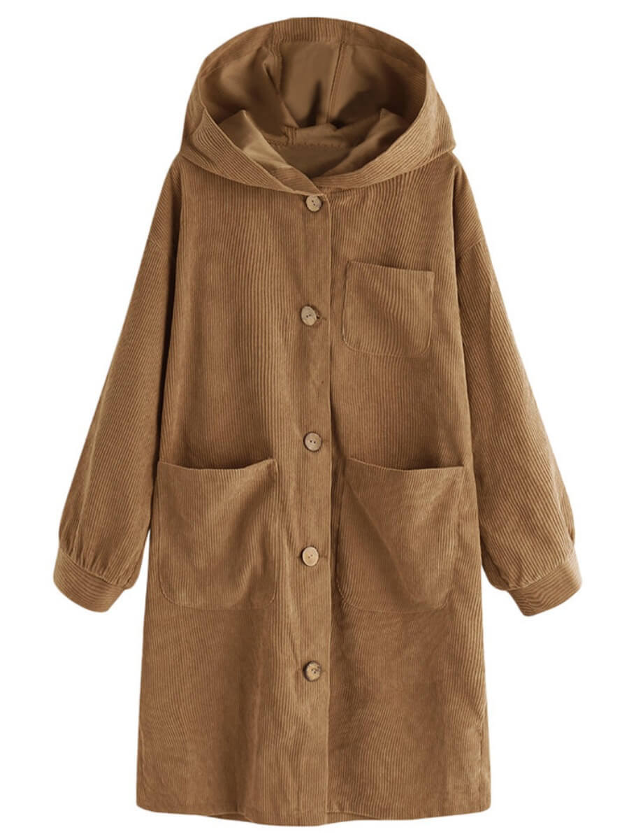 

Lovely Casual Hooded Collar Buttons Design Khaki Long Trench Coat