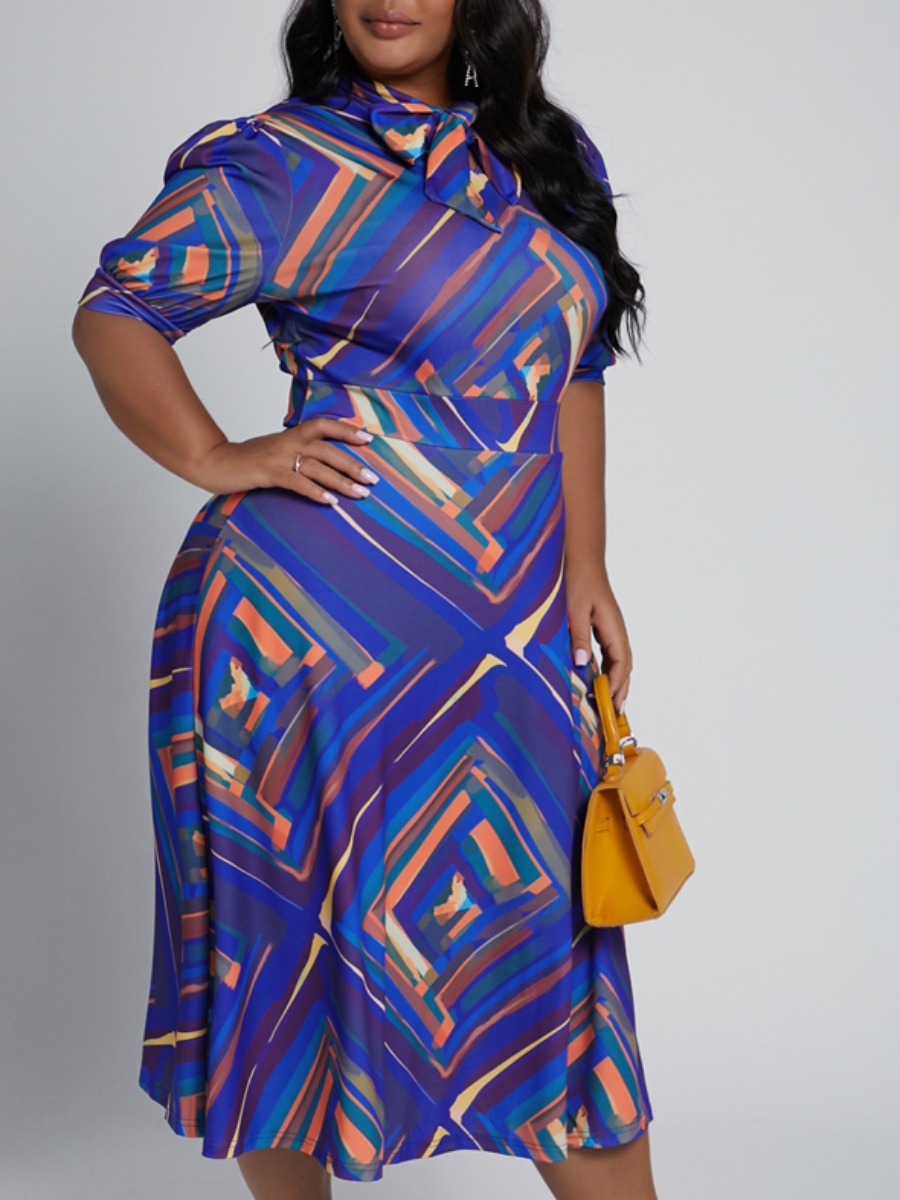 

Lovely Casual Print Knot Design Blue Mid Calf Plus Size Dress