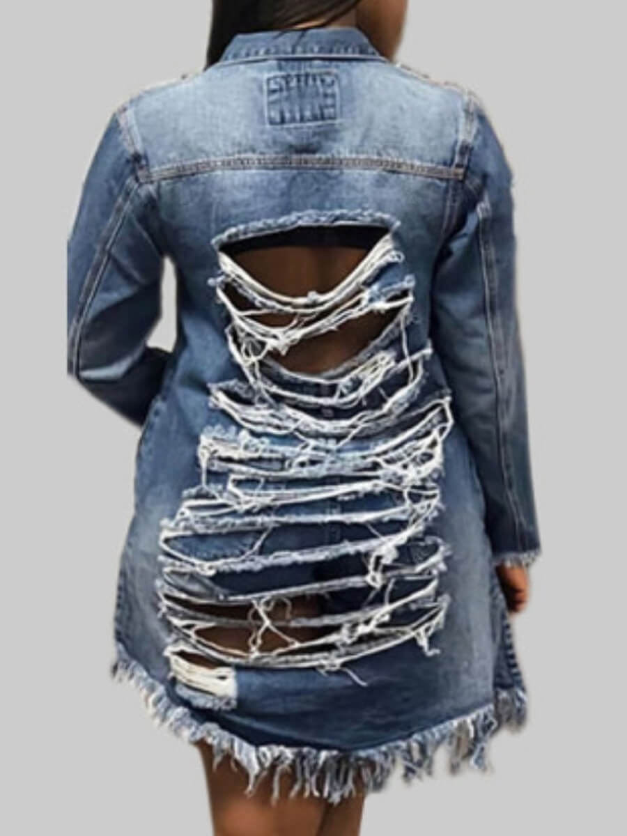

LW Plus Size Turndown Collar Broken Holes Blue Denim Jacket (No Stretch)