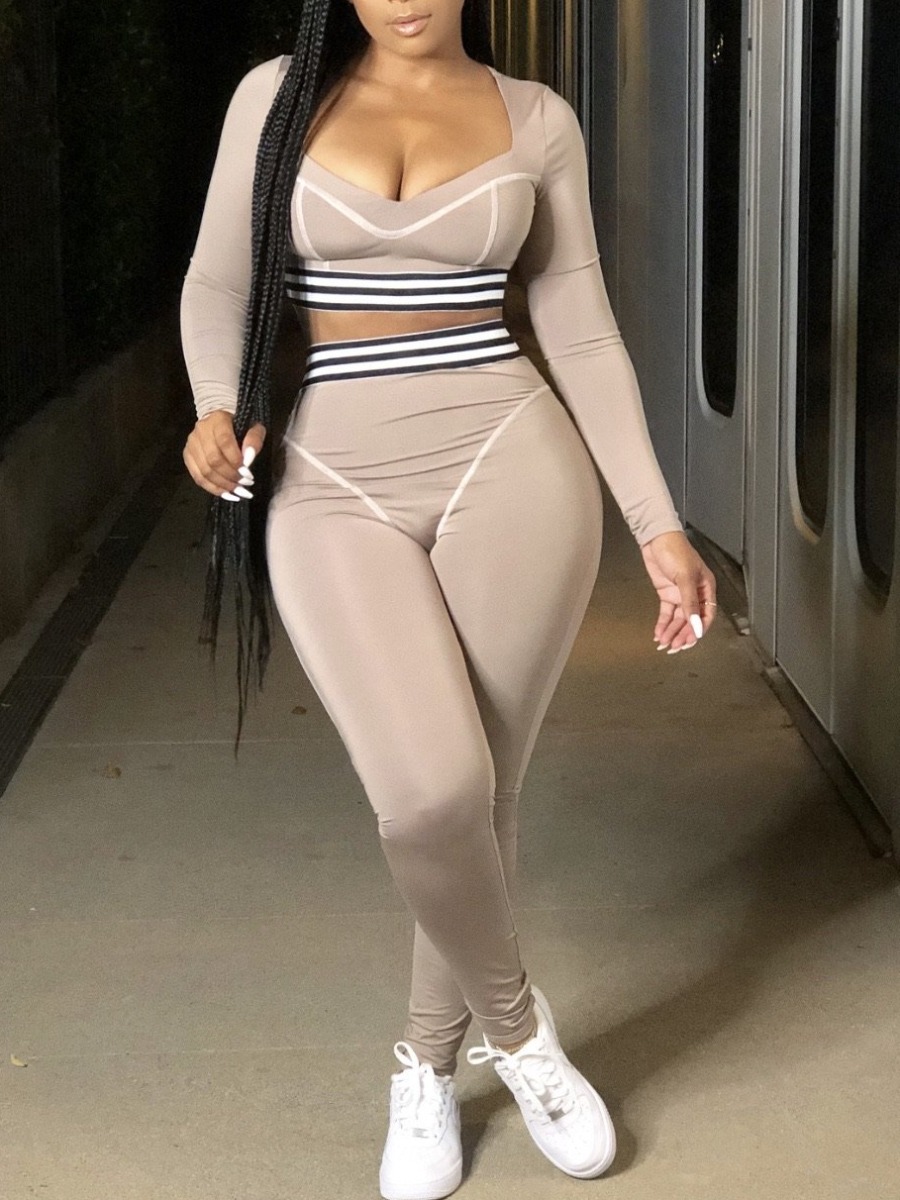 

lovely Sportswear Patchwork Skinny Light Camel Two Piece Pants Set