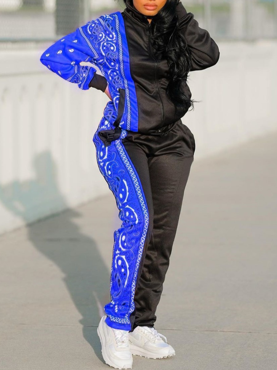 lovely Casual Print Patchwork Blue Two Piece Pants Set