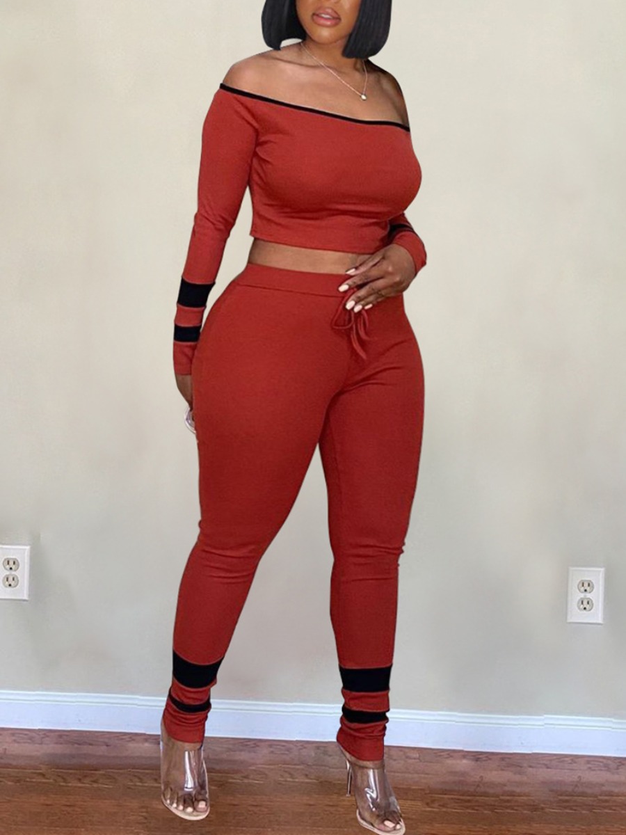 

lovely Casual Dew Shoulder Patchwork Wine Red Plus Size Two-piece Pants Set