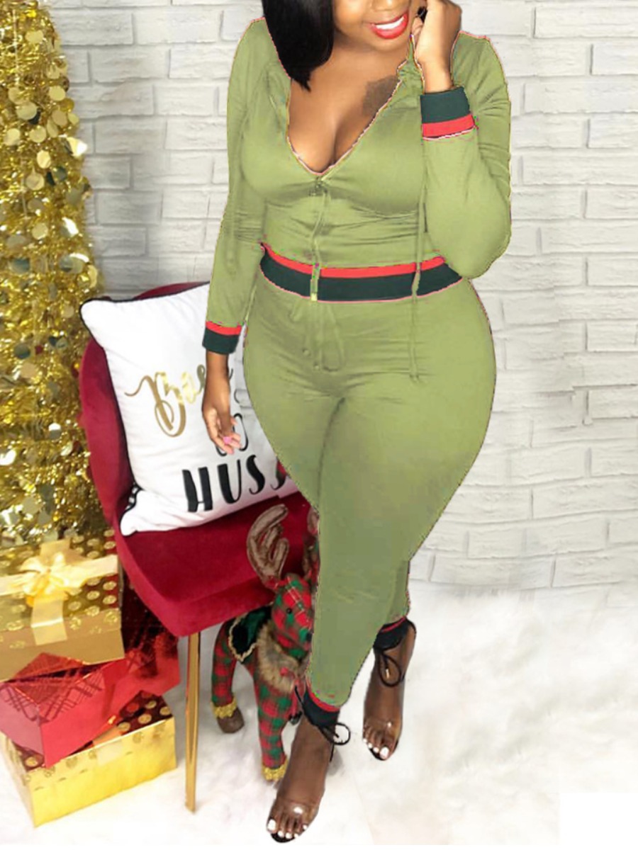 

Lovely Casual Hooded Collar Patchwork Green Plus Size Two-piece Pants Set