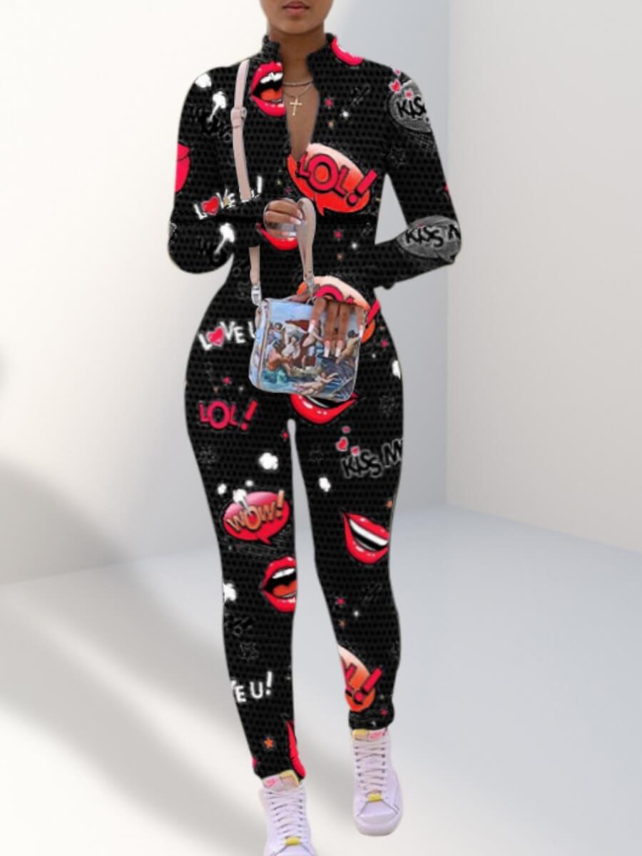 

Lovely Stylish Lip Print Zipper Design Black One-piece Jumpsuit
