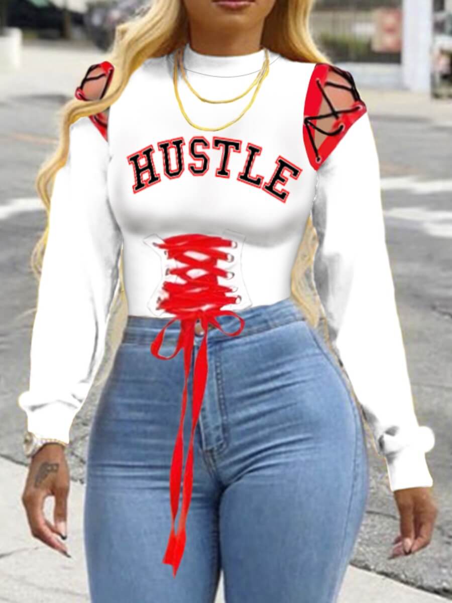 

Lovely Casual O Neck Letter Print Bandage Design White Hoodie