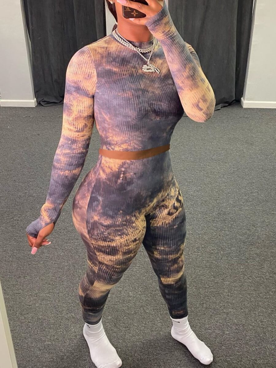 LW Trendy O Neck Tie Dye Grey Two Piece Pants Set