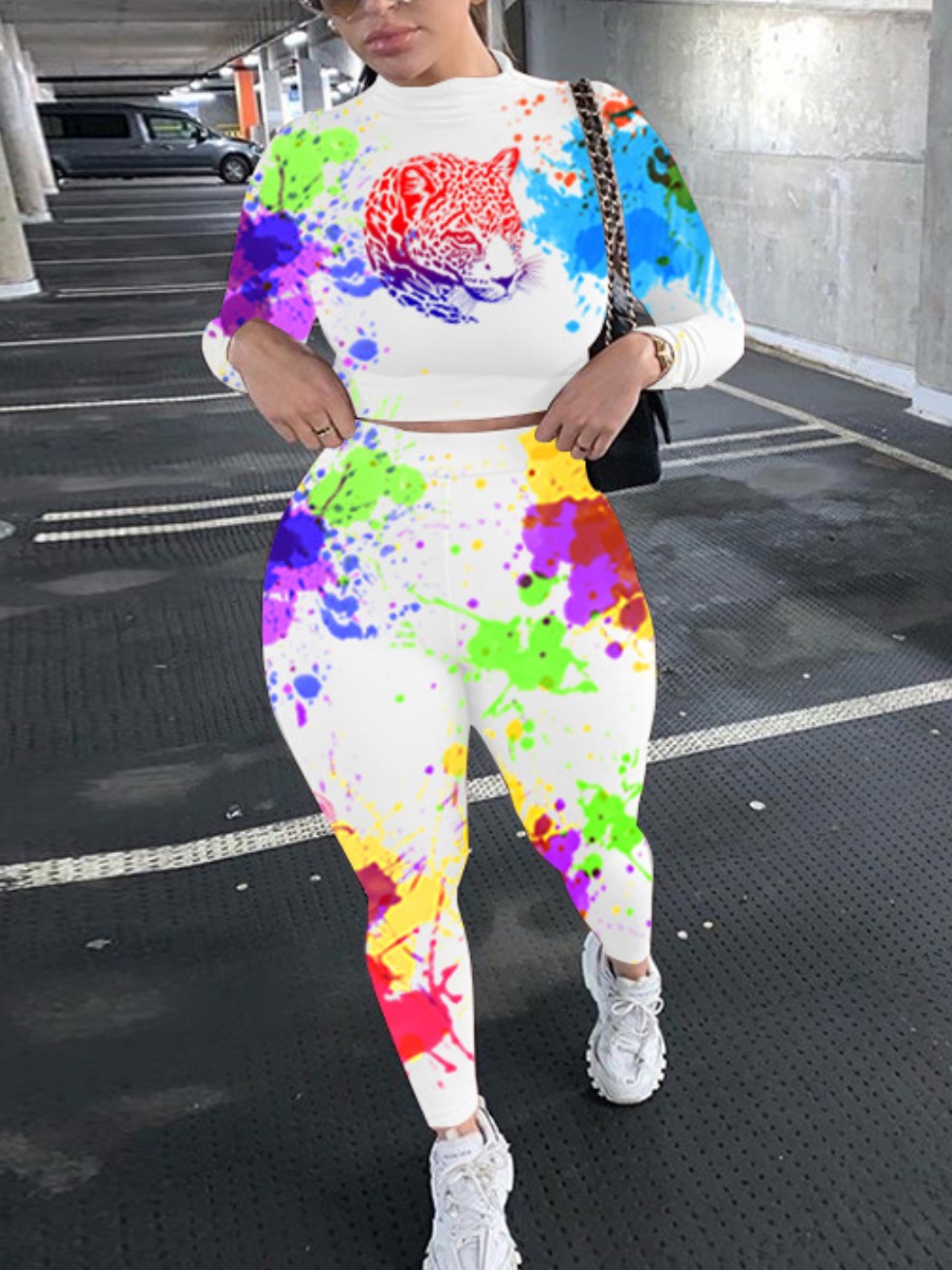 

lovely Sportswear O Neck Print White Two Piece Pants Set