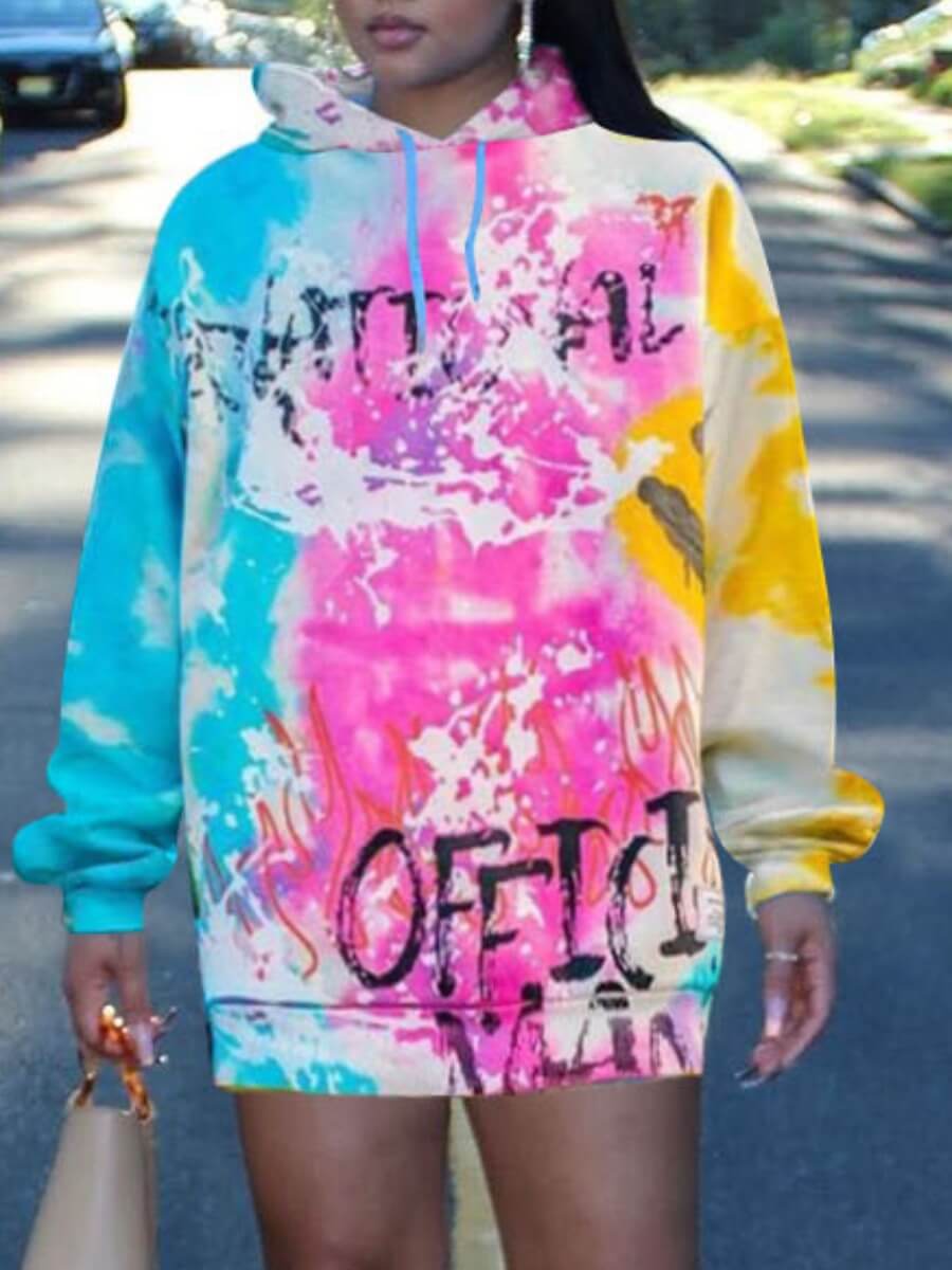 lovely Street Hooded Collar Tie-dye Pink Mini Dress