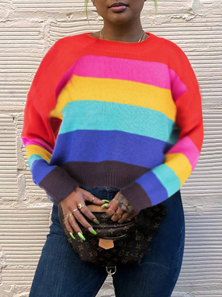 

Lovely Leisure O Neck Rainbow Striped Multicolor Sweater, Multi