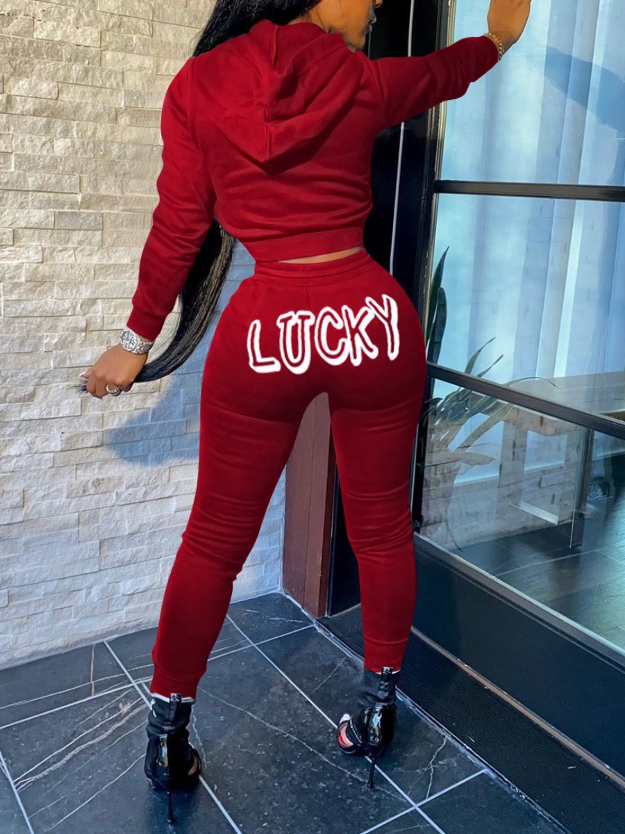 lovely Casual Hooded Collar Letter Print Red Two Piece Pants Set
