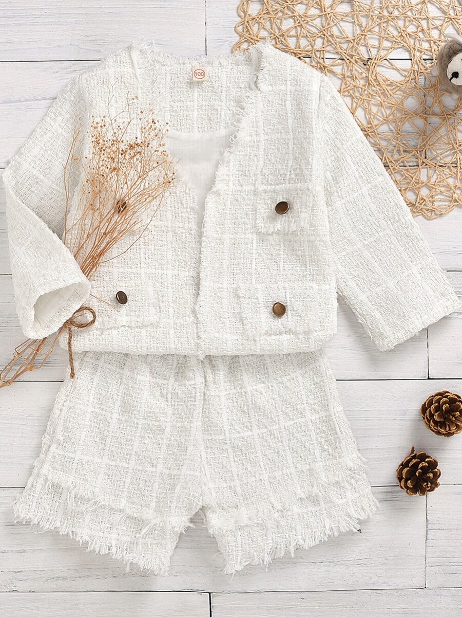 

Lovely Trendy V Neck Buttons Design White Girl Two-piece Shorts Set