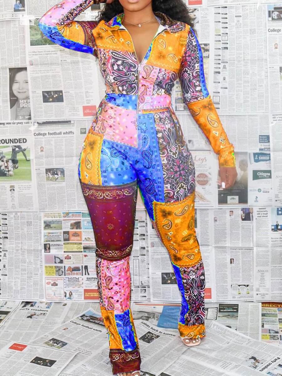 lovely Stylish Turndown Collar Print Patchwork Multicolor One-piece Jumpsuit