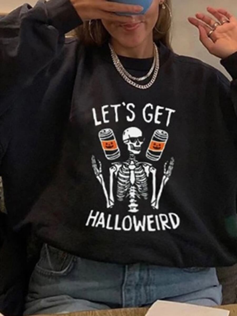 lovely Casual O Neck Print Black Plus Size Hoodie