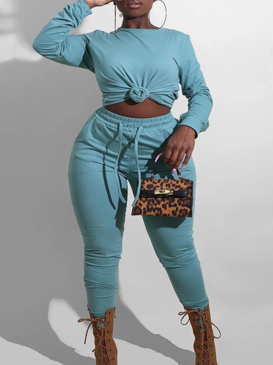 

Lovely Casual O Neck Drawstring Blue Plus Size Two-piece Pants Set