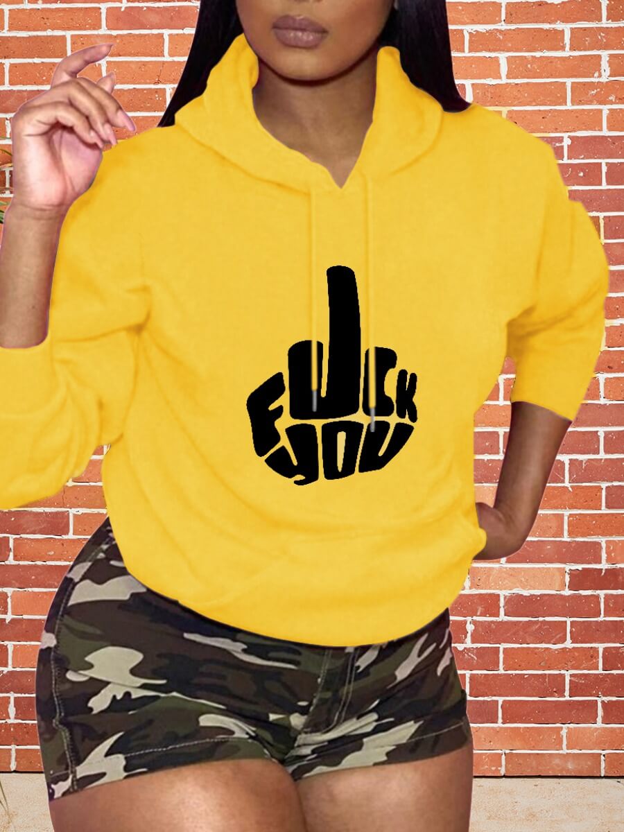 

LW Casual Hooded Collar Print Yellow Hoodie