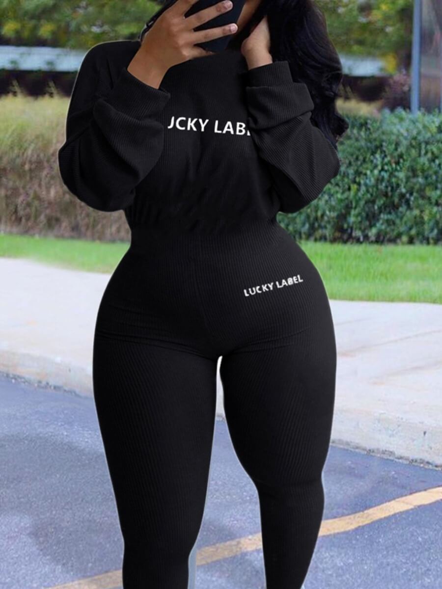 lovely Leisure Letter Print Skinny Black One-piece Jumpsuit