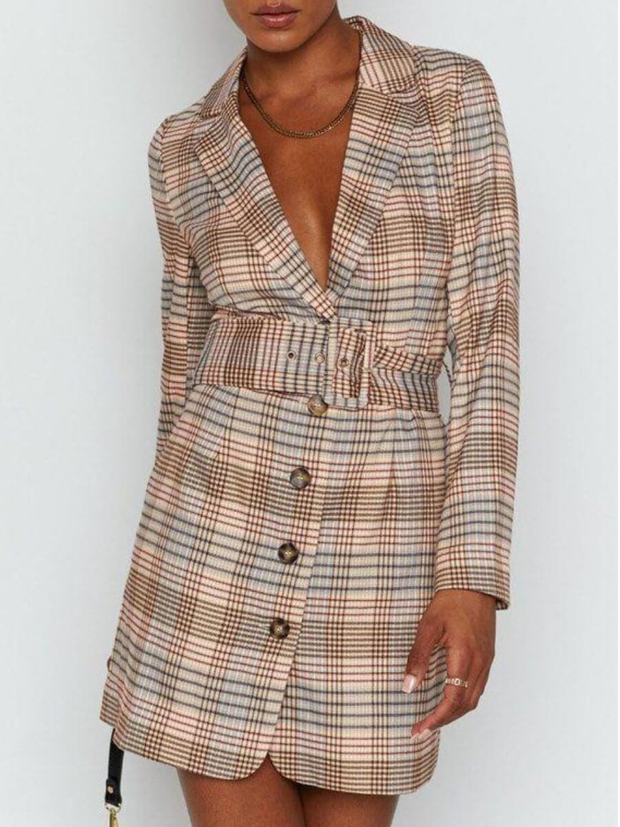 lovely Stylish Turn-back Collar Grid Print	Black And White Grey Blazer