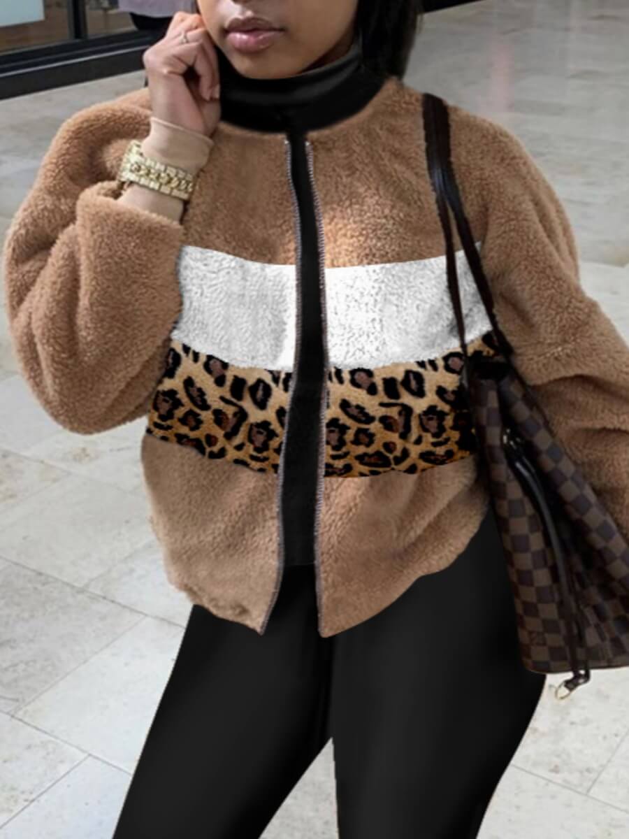 

Lovely Stylish Leopard Print Patchwork Coat