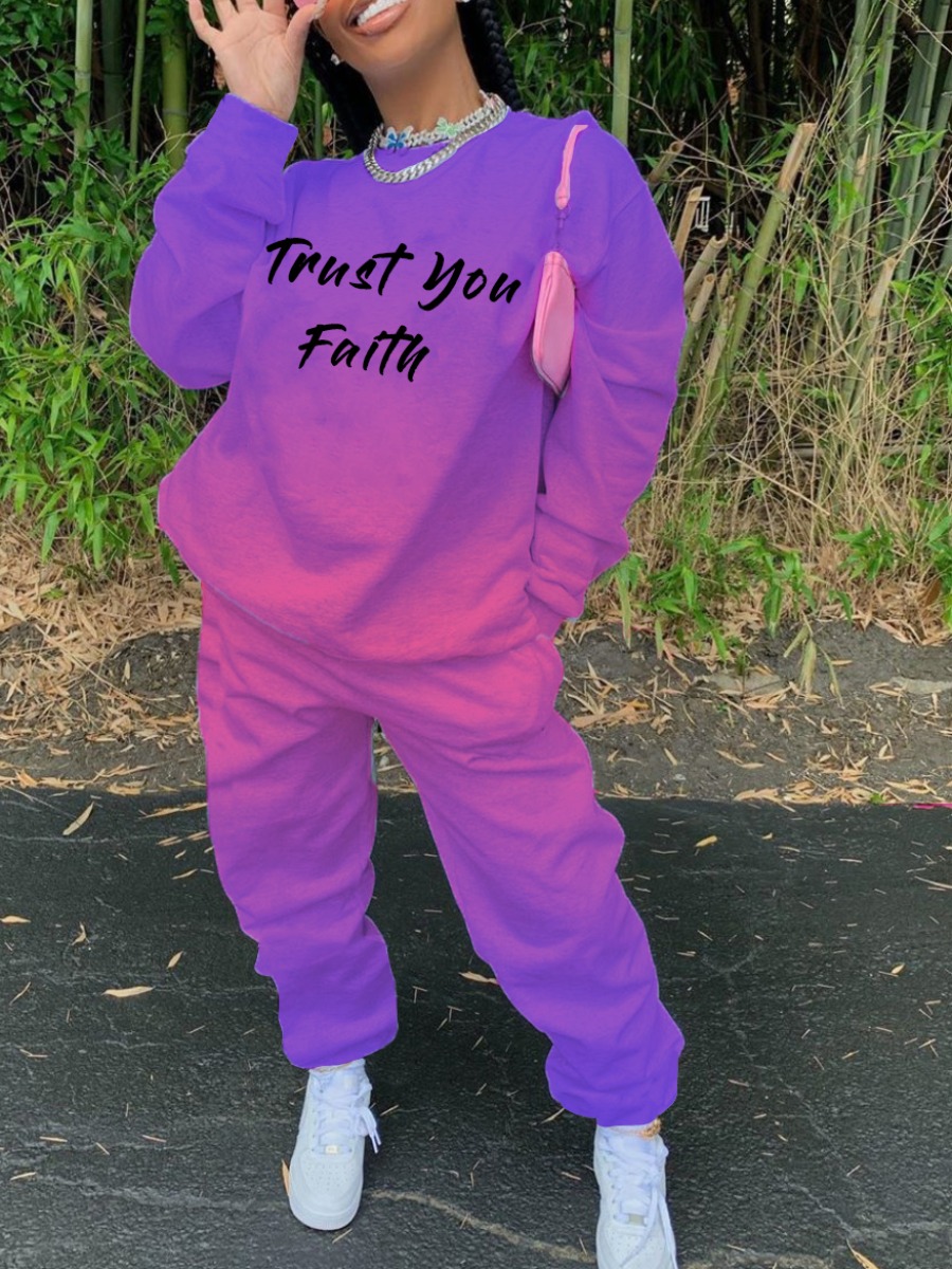 lovely Street O Neck Letter Print Purple Two Piece Pants Set