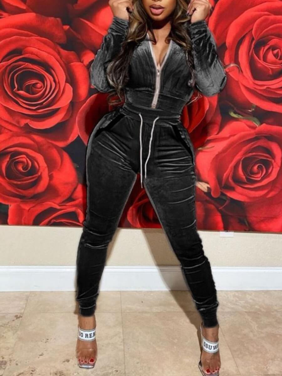 lovely Casual Zipper Design Skinny Black Two Piece Pants Set