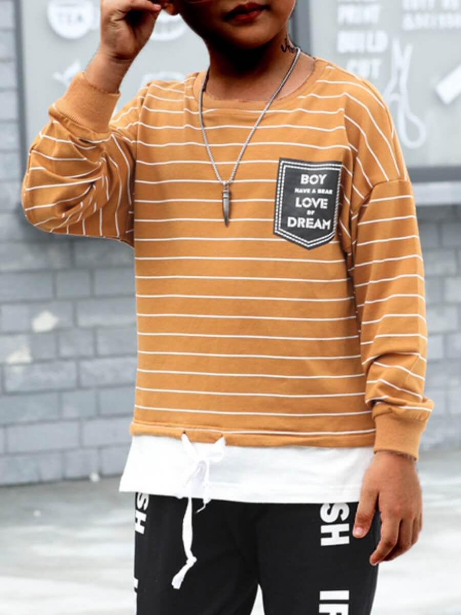 

Lovely Casual O Neck Striped Drawstring Yellow Boy Hoodie, Yellow stripes
