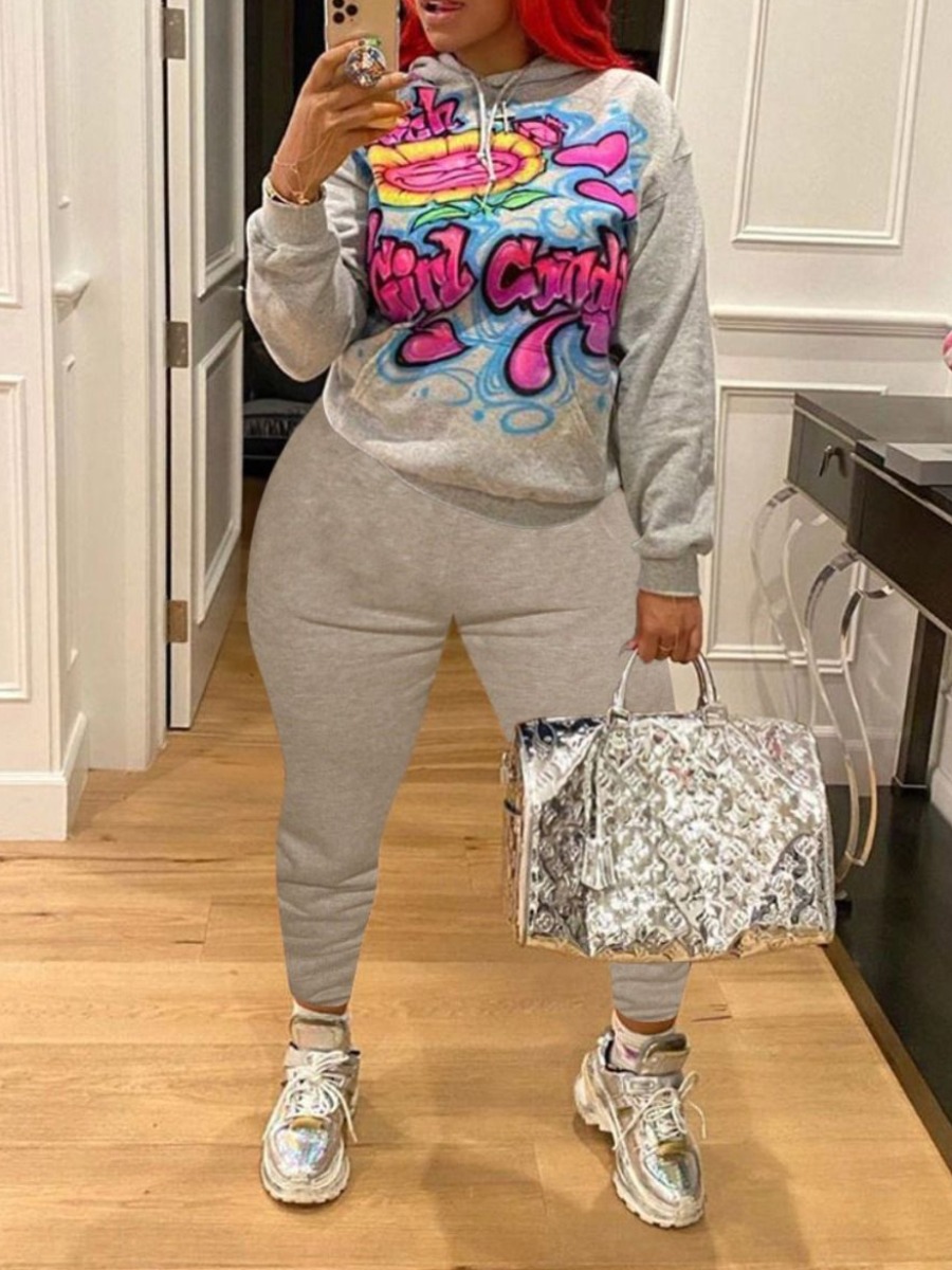 

lovely Casual Letter Print Grey Plus Size Two-piece Pants Set
