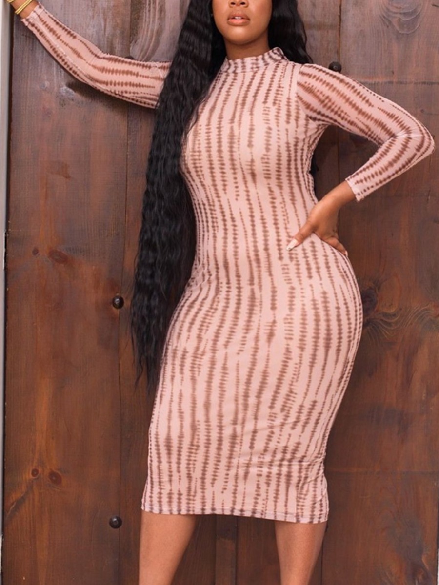 

Lovely Casual Half A Turtleneck Striped Print Pink Mid Calf Plus Size Dress