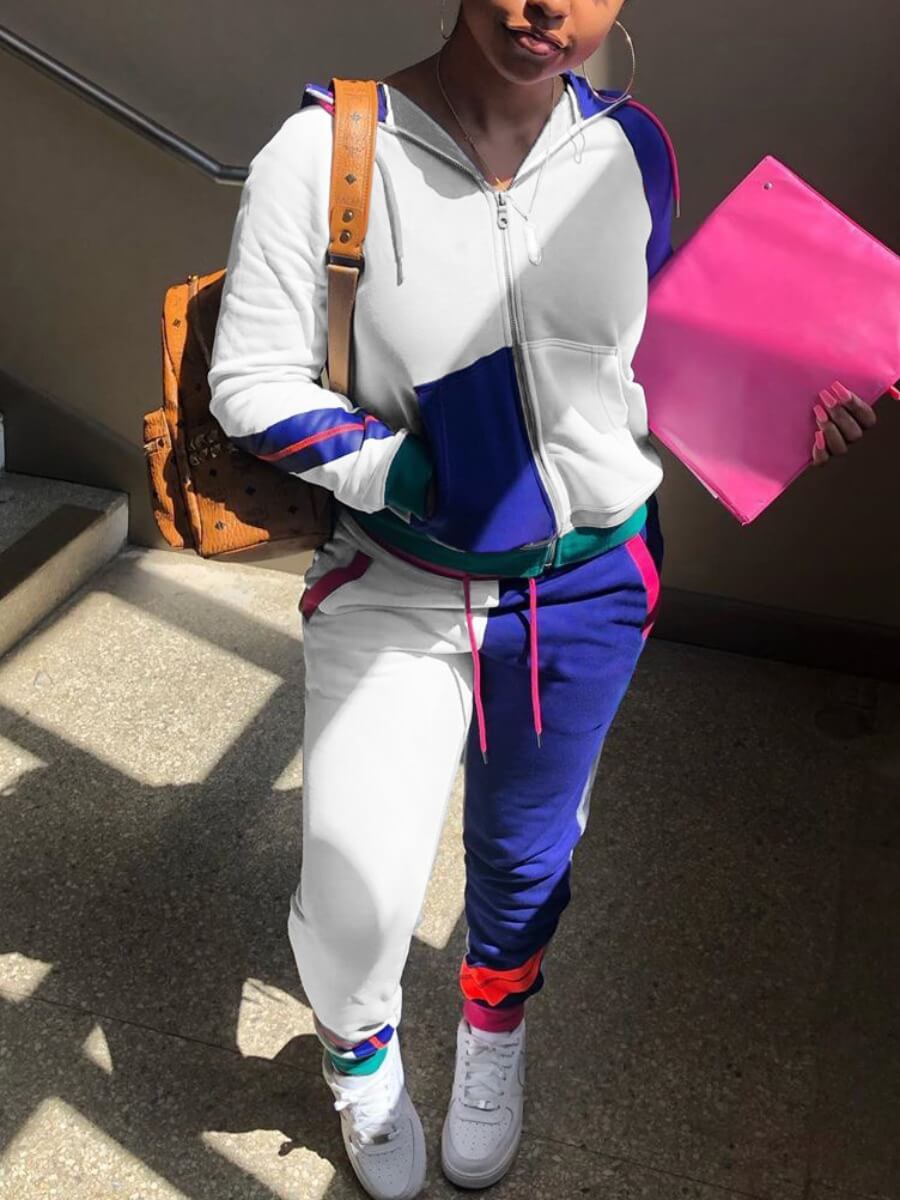 

Lovely Sportswear Hooded Collar Patchwork Blue Two Piece Pants Set