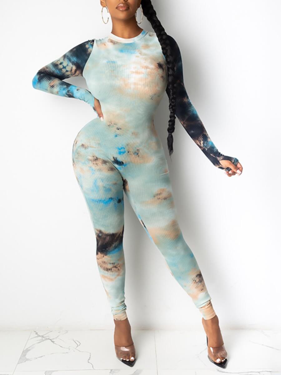 

Lovely Trendy O Neck Tie-dye Skinny Blue One-piece Jumpsuit