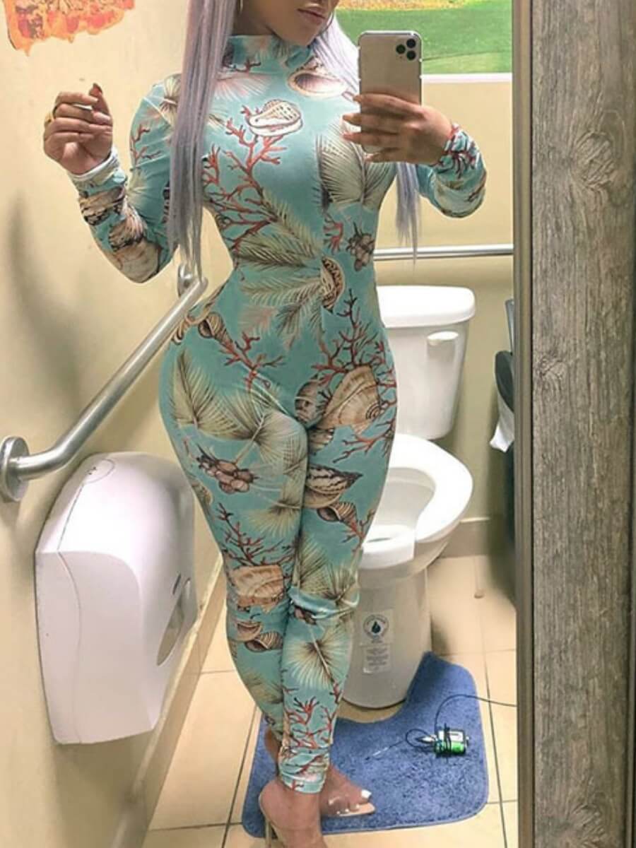 

Lovely Trendy Half A Turtleneck Plants Print Skinny Blue One-piece Jumpsuit