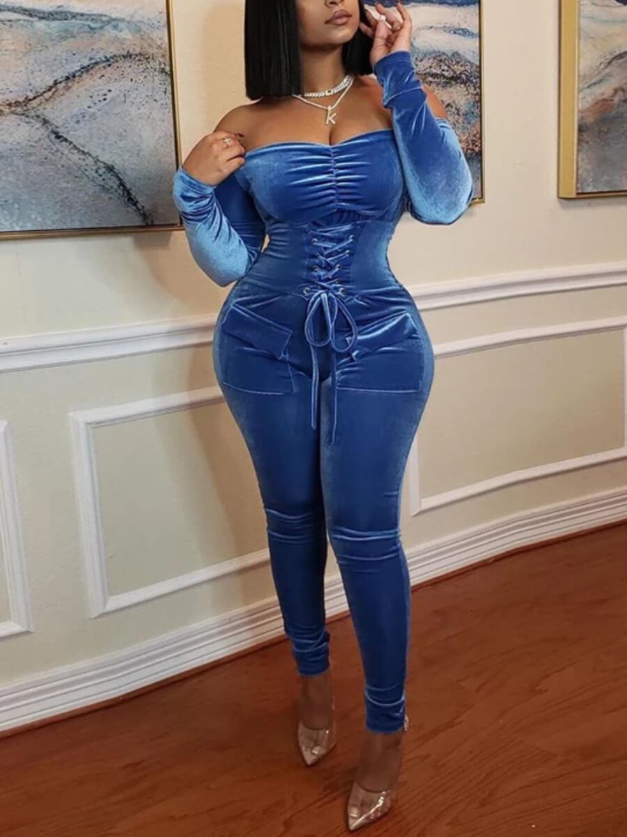 

Lovely Trendy Dew Shoulder Bandage Design Blue One-piece Jumpsuit