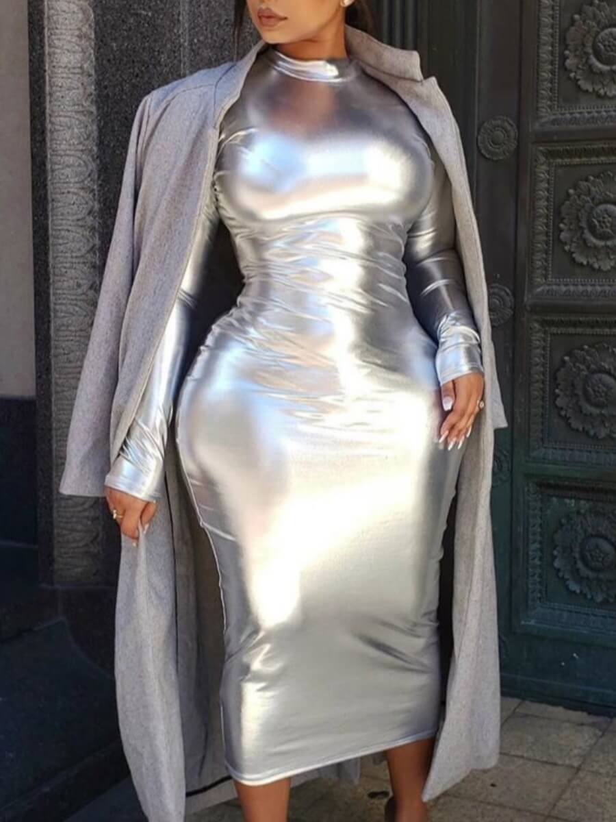 

Lovely Sexy Half A Turtleneck Basic Skinny Silver Mid Calf Dress