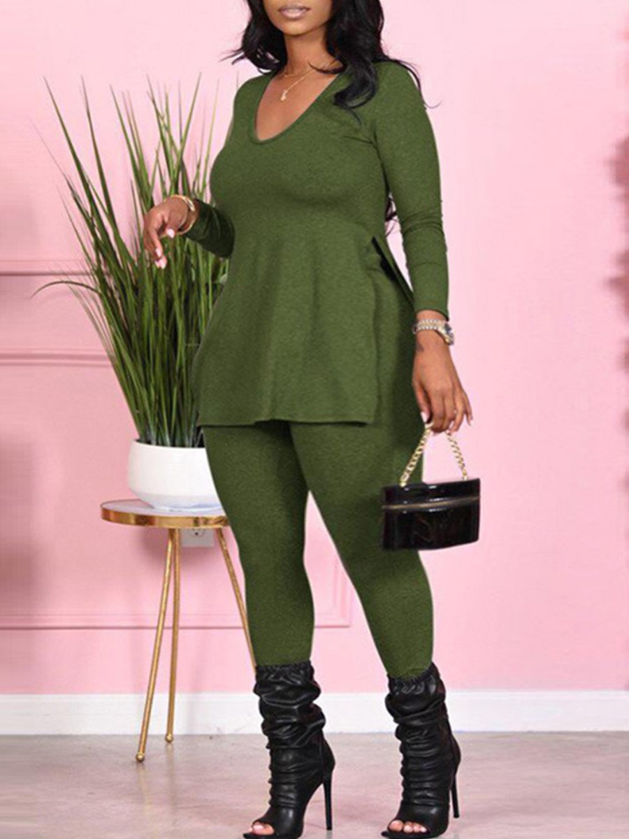 

Lovely Casual V Neck Side Slit Green Plus Size Two-piece Pants Set
