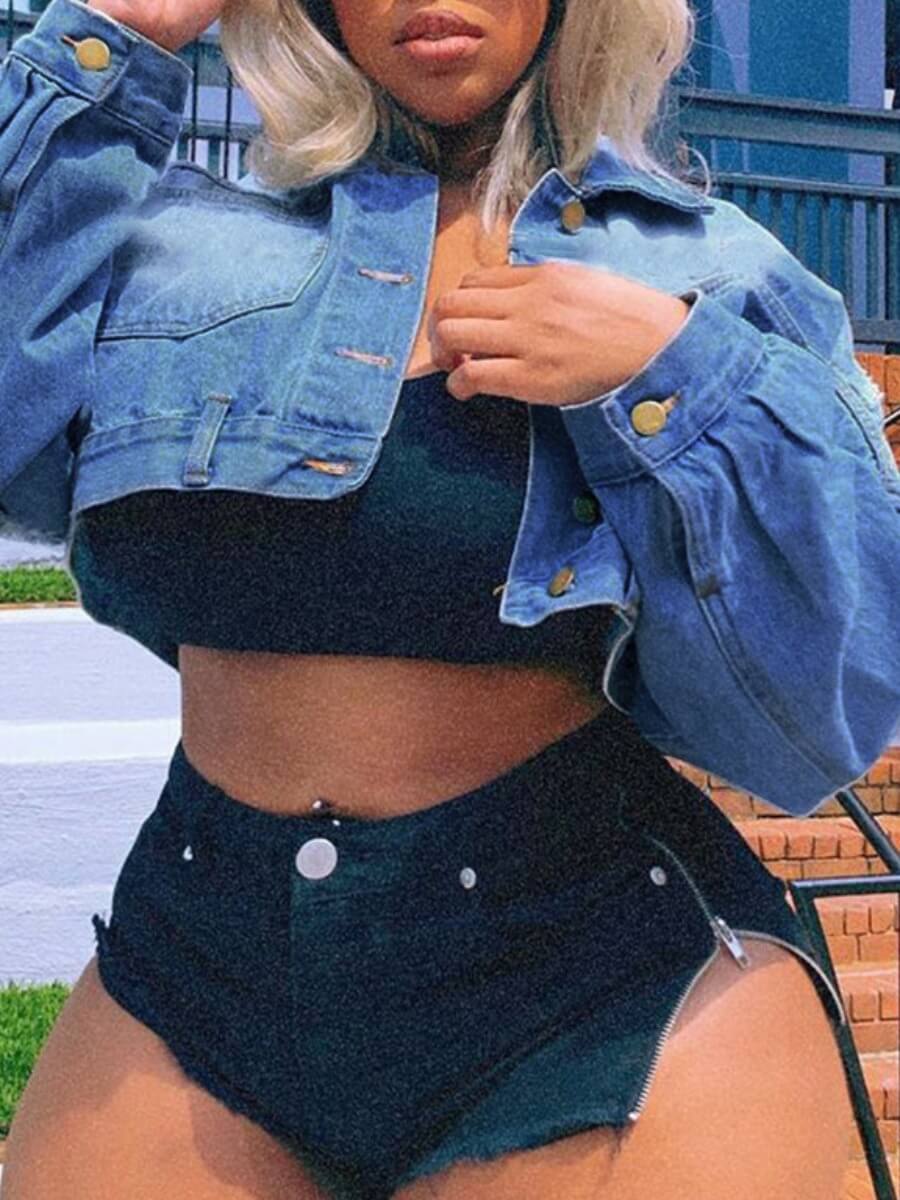 

Lovely Street Turndown Collar Buttons Design Blue Denim Short Jacket