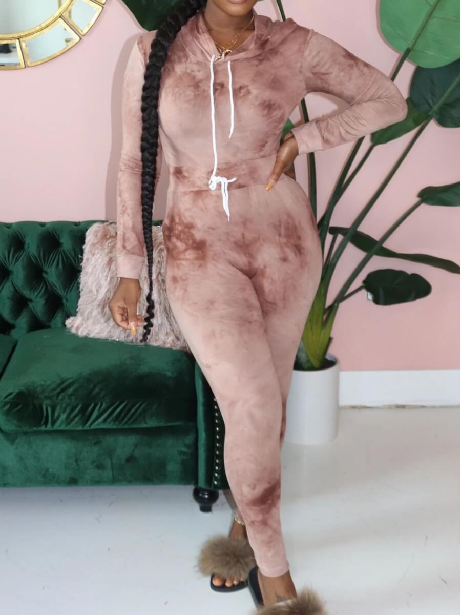 

Lovely Leisure Hooded Collar Tie-dye Brown Loungewear