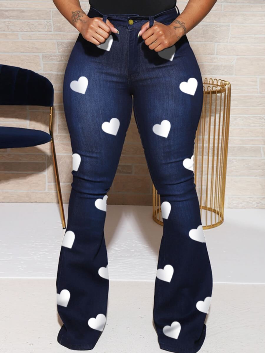 LW Stretchy Heart Print Flared Jeans