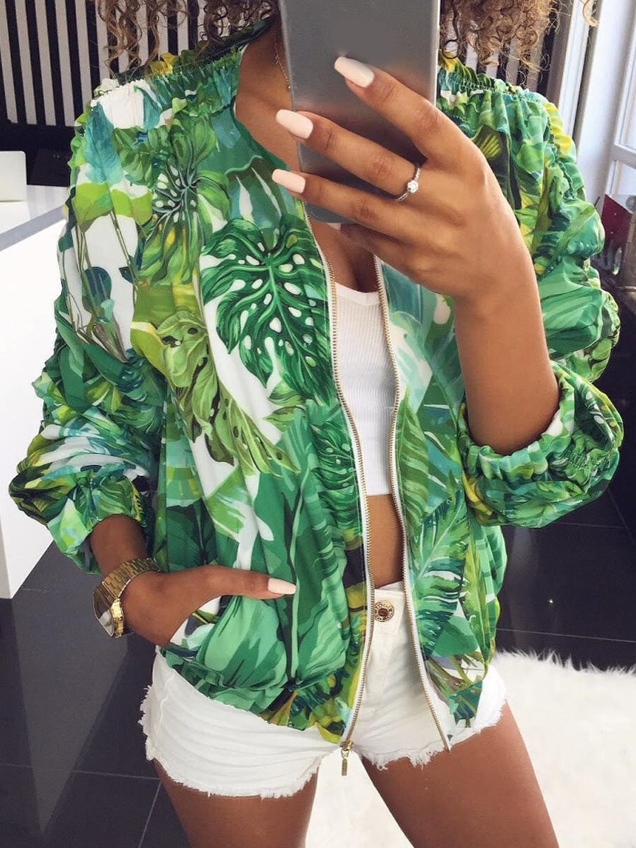 

Lovely Casual Plants Print Zipper Design Green Coat