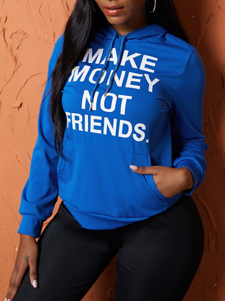 

Lovely Casual Hooded Collar Letter Print Blue Hoodie
