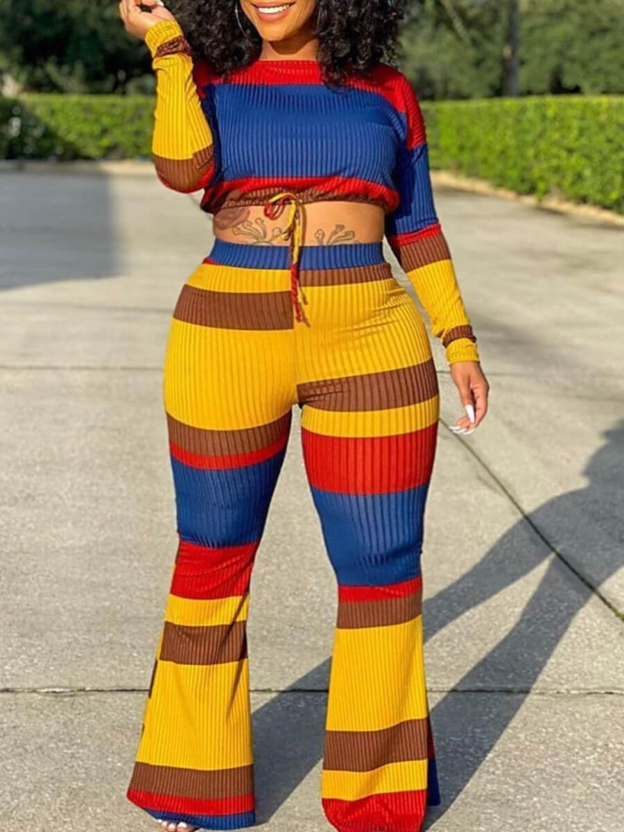 

LW BASICS Plus Size Casual O Neck Rainbow Striped Yellow Two-piece Pants Set