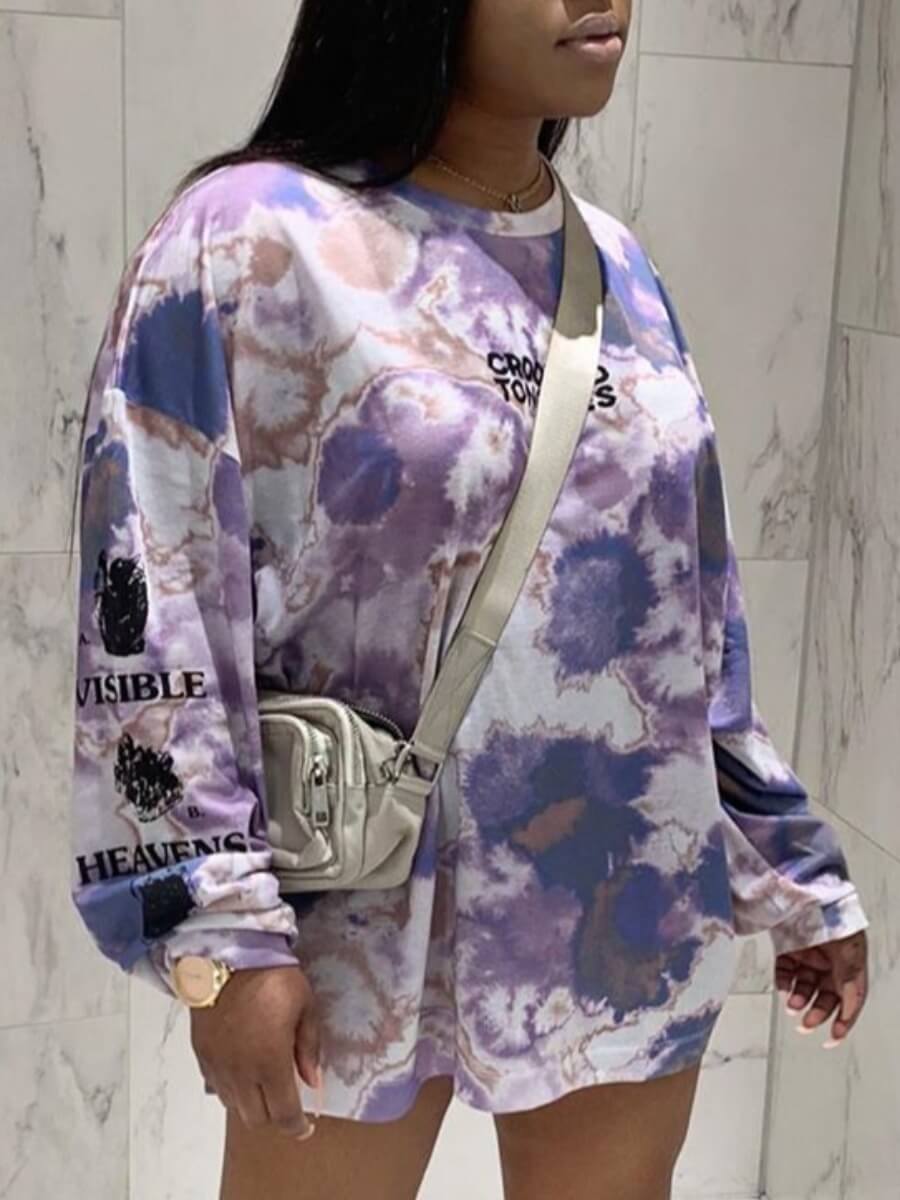 

Lovely Street O Neck Tie-dye Light Purple Mini Dress