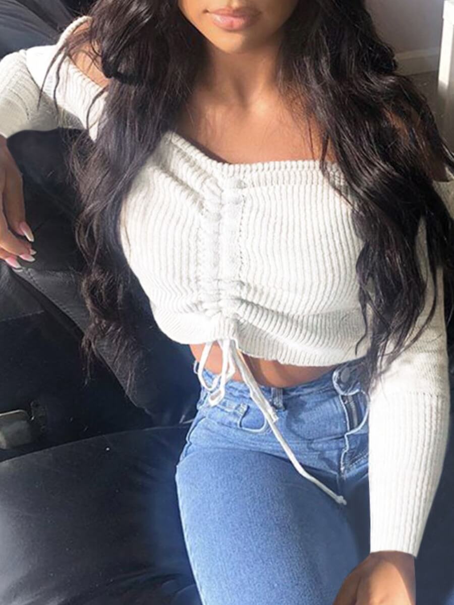 

Lovely Stylish Dew Shoulder Drawstring White Sweater