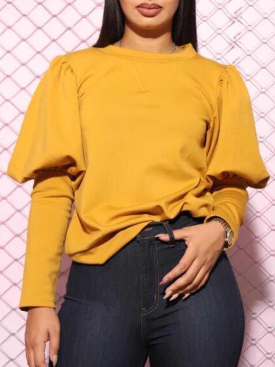 

Lovely Casual O Neck Puffed Sleeves Yellow Hoodie