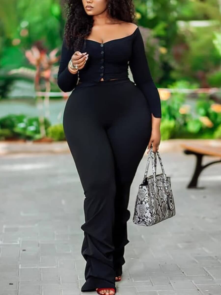 

Lovely Casual Buttons Design Black Plus Size Two-piece Pants Set