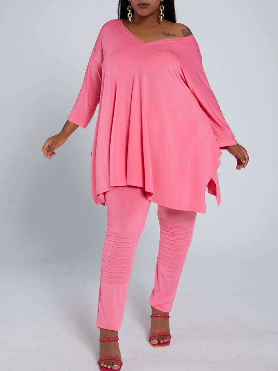 

Lovely Casual V Neck Basic Pink Plus Size Two-piece Pants Set