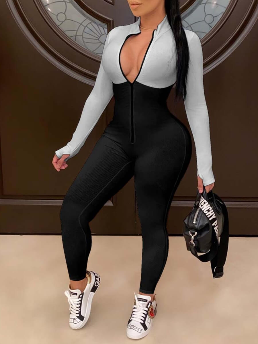 

LW Color-lump Zipper Design Jumpsuit, Black