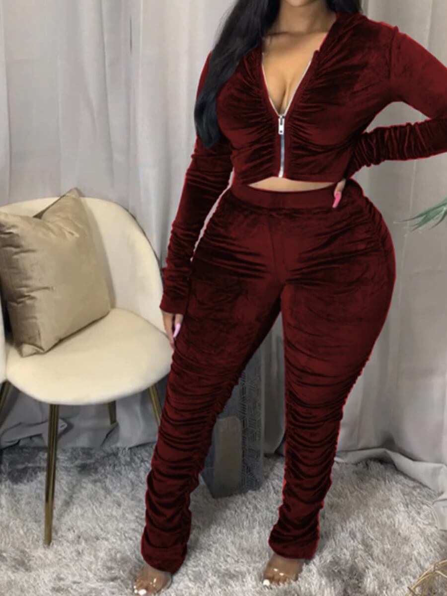 

Lovely Trendy Fold Zipper Design Wine Red Plus Size Two-piece Pants Set